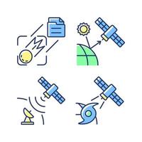 Climate monitoring satellites green, blue RGB color icons set. Remote sensing satellite. Meteorological Earth observation system. Isolated vector illustrations. Simple filled line drawings collection