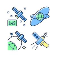 Satellites in space blue RGB color icons set. Satellite orbits. Science spacecraft location, positioning in space. Isolated vector illustrations. Simple filled line drawings collection