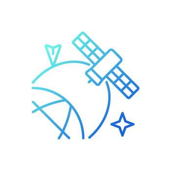 Satellite location in space gradient linear vector icon. Artifial satelite status, condition information. Thin line color symbol. Modern style pictogram. Vector isolated outline drawing