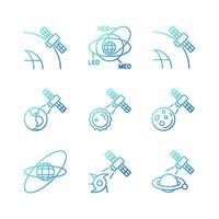 Satellites functions gradient linear vector icons set. Global telecommunications network connection, signal. Thin line contour symbols bundle. Isolated outline illustrations collection