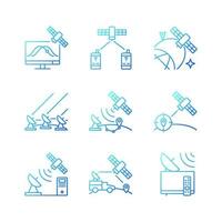 Artificial satellites gradient linear vector icons set. Satellite tracking, navigation, positioning system. Thin line contour symbols bundle. Isolated outline illustrations collection