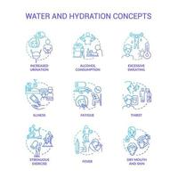 Water and hydration blue gradient concept icons set. Dehydration causes, symptoms. Additional liquid consumption. Water balance idea thin line color illustrations. Vector isolated outline drawings.