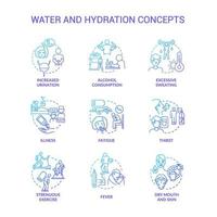 Water and hydration blue gradient concept icons set. Dehydration causes, symptoms. Additional liquid consumption. Water balance idea thin line color illustrations. Vector isolated outline drawings.