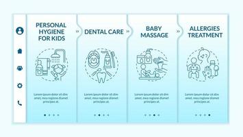 plantilla vectorial de incorporación de degradado azul para el cuidado del bebé. sitio web móvil sensible con iconos. Tutorial de página web Pantallas de 4 pasos. concepto de color de salud física infantil con ilustraciones lineales vector