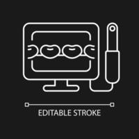 Intraoral camera white linear icon for dark theme. Teeth condition diagnosis. Dental innovation. Thin line customizable illustration. Isolated vector contour symbol for night mode. Editable stroke