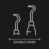 Scaler and curette white linear icon for dark theme. Sharp tools for periodontal procedures. Thin line customizable illustration. Isolated vector contour symbol for night mode. Editable stroke