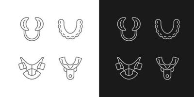 iconos lineales de aparatos de ortodoncia establecidos para modo oscuro y claro. Dispositivo de realineación de dientes. retractor de mejillas. símbolos de línea fina personalizables. ilustraciones aisladas de contorno vectorial. trazo editable vector