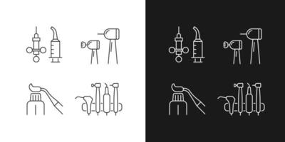 Oral surgery tools linear icons set for dark and light mode. Irrigation syringe. Brightening teeth. Customizable thin line symbols. Isolated vector outline illustrations. Editable stroke