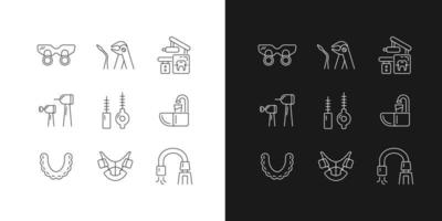 Dental visit linear icons set for dark and light mode. Orthodontic appliances. Tooth extraction. X-ray equipment. Customizable thin line symbols. Isolated vector outline illustrations. Editable stroke