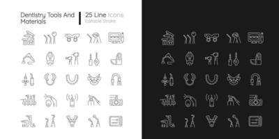 Dentistry tools and materials linear icons set for dark and light mode. Dental procedures. Tooth repairing. Customizable thin line symbols. Isolated vector outline illustrations. Editable stroke