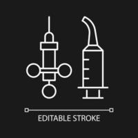 Dental irrigation syringe white linear icon for dark theme. Local anesthetic. Intraoral injections. Thin line customizable illustration. Isolated vector contour symbol for night mode. Editable stroke