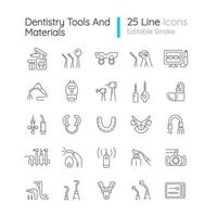 Dentistry tools and materials linear icons set. Dental procedures. Tooth repairing, treatment. Customizable thin line contour symbols. Isolated vector outline illustrations. Editable stroke