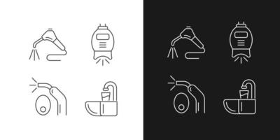 Going to dentist linear icons set for dark and light mode. Moistening patient mouth. Teeth whitening machine. Customizable thin line symbols. Isolated vector outline illustrations. Editable stroke