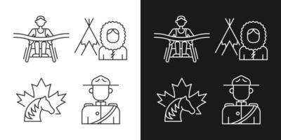 personas de iconos lineales de canadá configurados para modo oscuro y claro. uniforme de policía montada. nacionalidad inuit. símbolos de línea fina personalizables. ilustraciones aisladas de contorno vectorial. trazo editable vector