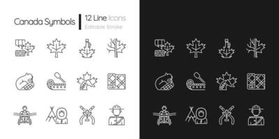 iconos lineales de símbolos canadienses establecidos para modo oscuro y claro. emblema oficial canadiense. castor norteamericano. símbolos de línea fina personalizables. ilustraciones aisladas de contorno vectorial. trazo editable vector