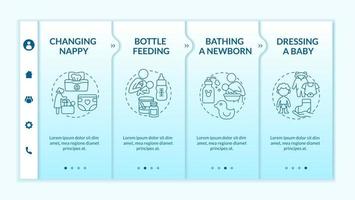 Infant care blue gradient onboarding vector template. Responsive mobile website with icons. Web page walkthrough 4 step screens. Mother looking after newborn color concept with linear illustrations