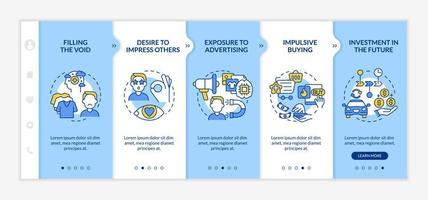 Reasons for consumerism blue onboarding vector template. Responsive mobile website with icons. Web page walkthrough 5 step screens. Mindless buying color concept with linear illustrations