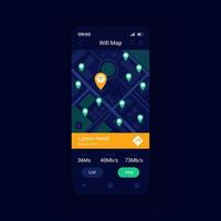 plantilla de vector de interfaz de teléfono inteligente de aplicación de mapa de ubicación de punto de acceso wifi. diseño de página de aplicación móvil. puntos de acceso wifi alrededor de la pantalla del mapa mundial. interfaz de usuario plana para la aplicación. pantalla del teléfono
