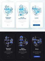 Increased fluid intake light, dark onboarding mobile app page screen. Walkthrough 3 steps graphic instructions with concepts. UI, UX, GUI vector template with linear night and day mode illustrations