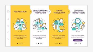 Challenging consumerism yellow onboarding vector template. Responsive mobile website with icons. Web page walkthrough 4 step screens. Avoid excessive buying color concept with linear illustrations