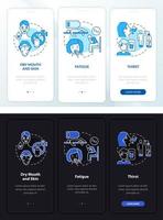 Dehydration symptoms light, dark onboarding mobile app page screen. Walkthrough 3 steps graphic instructions with concepts. UI, UX, GUI vector template with linear night and day mode illustrations