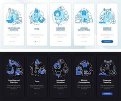 Dehydration causes light, dark onboarding mobile app page screen. Walkthrough 5 steps graphic instructions with concepts. UI, UX, GUI vector template with linear night and day mode illustrations