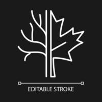 Maple tree white linear icon for dark theme. Official canadian emblem. Species of trees in Canada. Thin line customizable illustration. Isolated vector contour symbol for night mode. Editable stroke