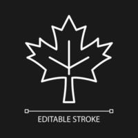 Maple leaf white linear icon for dark theme. Central element of canadian national flag. Thin line customizable illustration. Isolated vector contour symbol for night mode. Editable stroke