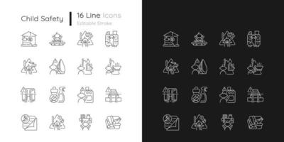 Child safety linear icons set for dark and light mode. Baby security precautions. Injuries prevention. Customizable thin line symbols. Isolated vector outline illustrations. Editable stroke