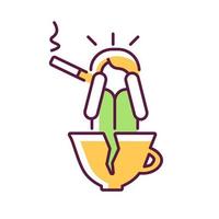 Coffee and nicotine as panic triggers RGB color icon. Cigarettes and caffeine may lead to anxiety. Mental and physical health problems. Isolated vector illustration. Simple filled line drawing