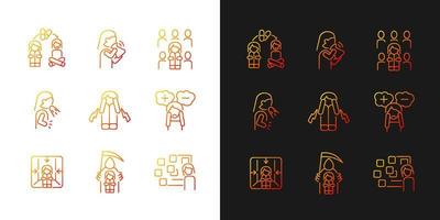 Phobias and its symptoms gradient icons set for dark and light mode. Vomiting and nausea. Thin line contour symbols bundle. Isolated vector outline illustrations collection on black and white