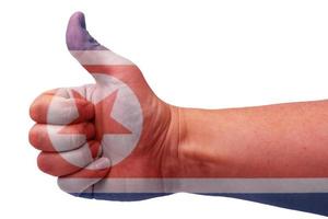 North Korea concept-hand raises thumb up with North Korea flag. photo