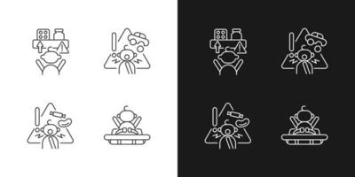 Poisoning and suffocation prevention linear icons set for dark and light mode. Choking hazard food and toys. Customizable thin line symbols. Isolated vector outline illustrations. Editable stroke