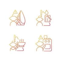 Skin burns danger gradient linear vector icons set. Child safety. Fire and injuries prevention. Matches usage restrictions. Thin line contour symbols bundle. Isolated outline illustrations collection