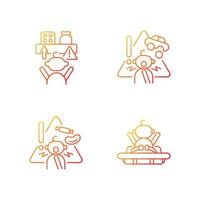 Poisoning and suffocation prevention gradient linear vector icons set. Choking hazard food and toys. Accident precaution. Thin line contour symbols bundle. Isolated outline illustrations collection
