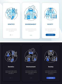 Risk factors for ADHD onboarding mobile app page screen. Environment walkthrough 3 steps graphic instructions with concepts. UI, UX, GUI vector template with linear night and day mode illustrations