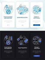 ADHD nutrition onboarding mobile app page screen. Food coloring walkthrough 3 steps graphic instructions with concepts. UI, UX, GUI vector template with linear night and day mode illustrations