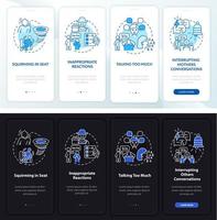 Hyperactivity signs onboarding mobile app page screen. Squirm in seat walkthrough 4 steps graphic instructions with concepts. UI, UX, GUI vector template with linear night and day mode illustrations