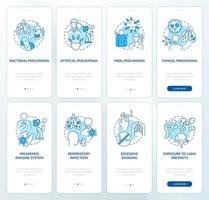 Pulmonary inflammation onboarding mobile app page screen set. Risk factors and types walkthrough 4 steps graphic instructions with concepts. UI, UX, GUI vector template with linear color illustrations