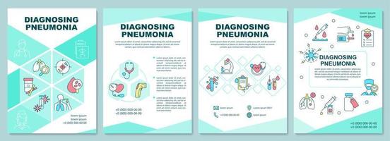 Diagnosing pneumonia brochure template. Diagnostic procedures. Flyer, booklet, leaflet print, cover design with linear icons. Vector layouts for presentation, annual reports, advertisement pages