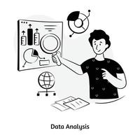 Person monitoring chart with magnifier, hand drawn illustration of data analysis vector