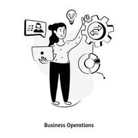 Chart, cogwheel, and light bulb denoting the concept of business operations, hand drawn illustration vector