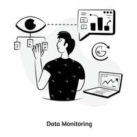 ojo con gráficos de negocios, ilustración dibujada a mano de monitoreo de datos vector