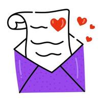 sobre con carta romántica, icono plano vector