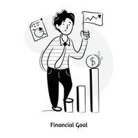 Person with flag, dollar and chart, concept of financial goal hand drawn illustration vector