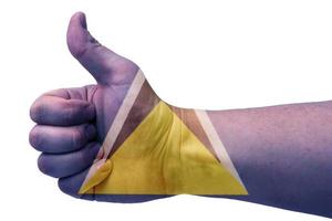 The Saint Lucia hand concept gives the thumbs up with the Saint Lucia flag. photo