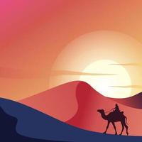 diseño de fondo de puesta de sol en el desierto con paseo en camello vector