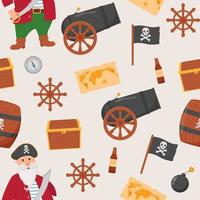 Bundle pirate seamless pattern. Bundle pirate, treasure map, rum, ship wheel, anchor, barrel, bomb vector