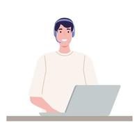 man using headset and laptop vector