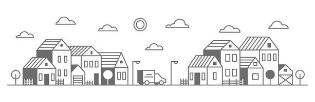 Suburban neighborhood landscape. Silhouette of houses on the skyline. Countryside cottage homes near the road. Outline vector illustration.